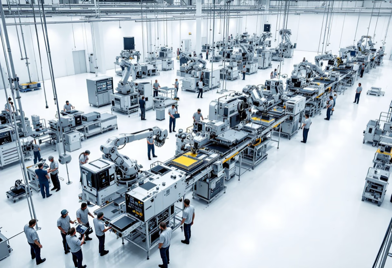 Workers inspecting products on assembly line