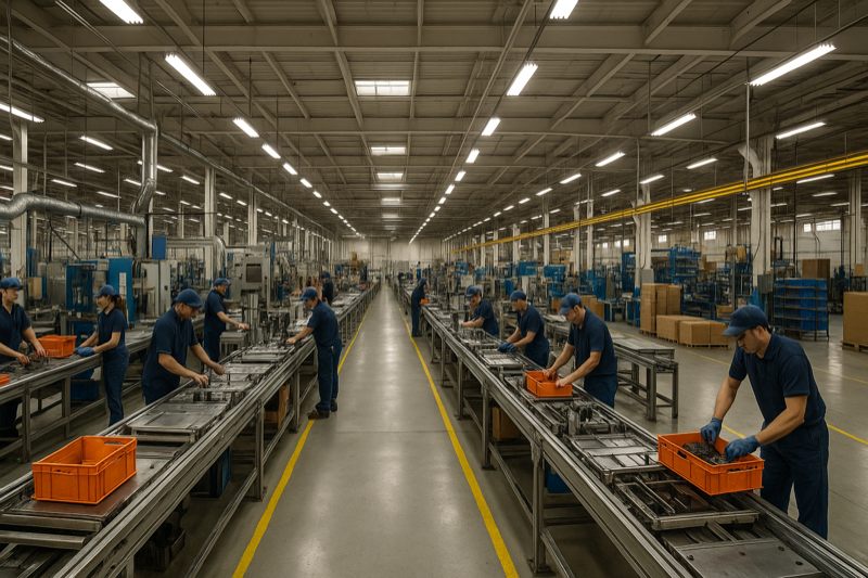 Manufacturing floor with production lines and workers