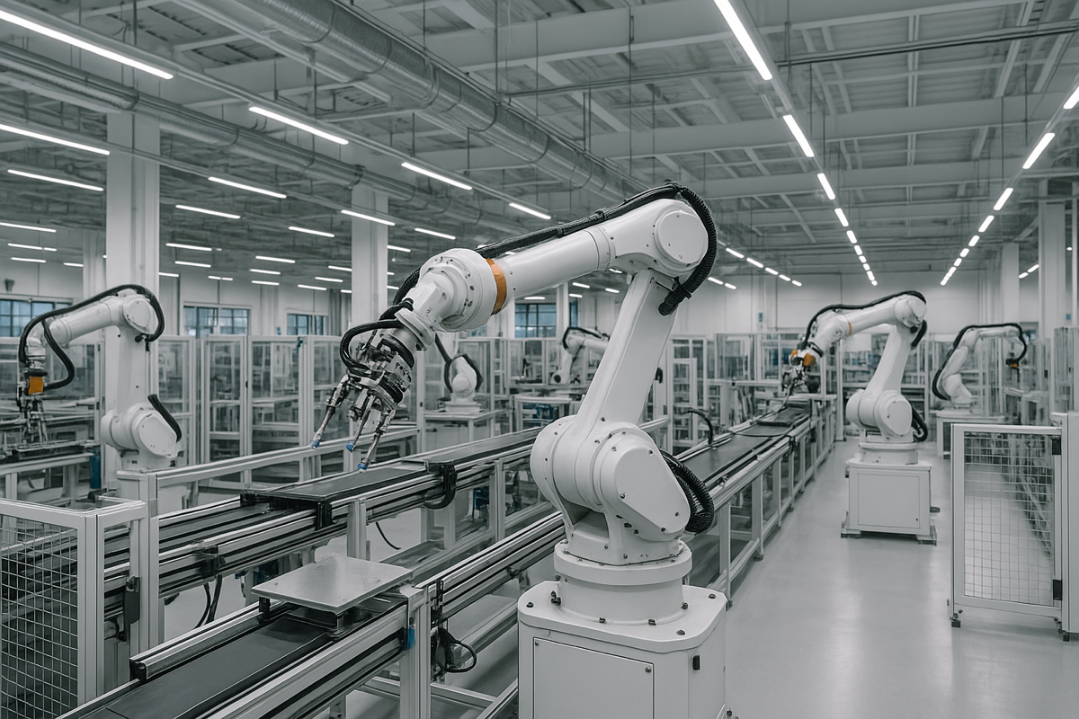 Modern manufacturing facility with robotic arms and automated systems